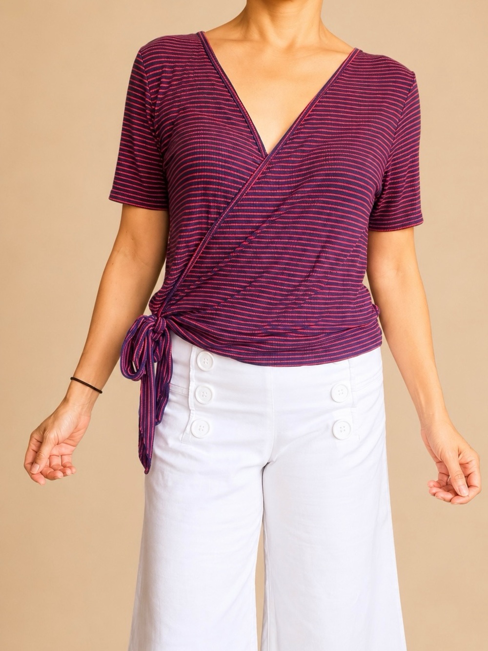 Caution to the Wind Striped Faux Wrap Side Tie Top Large